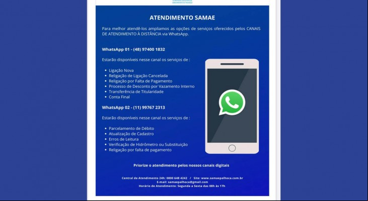 Samae de Palhoça abre canal de atendimento pelo WhatsApp